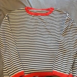 Striped navy blue and White Sweater with Red Accents